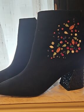 Betsey Johnson Black Jeweled Ankle Boots with Glitter Block Heel